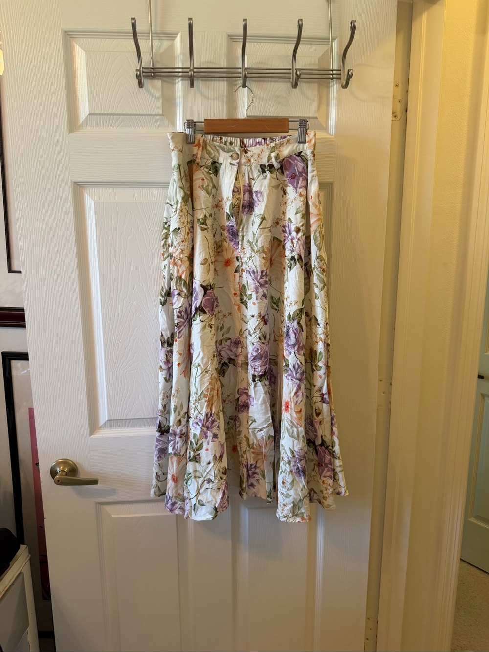 Aakaa Cream Midi Skirt with Lavender Floral Print